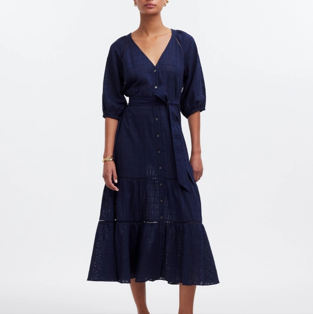 Madewell Tie-Waist Tiered Midi Dress in Windowpane NS139 NWT •No Belt